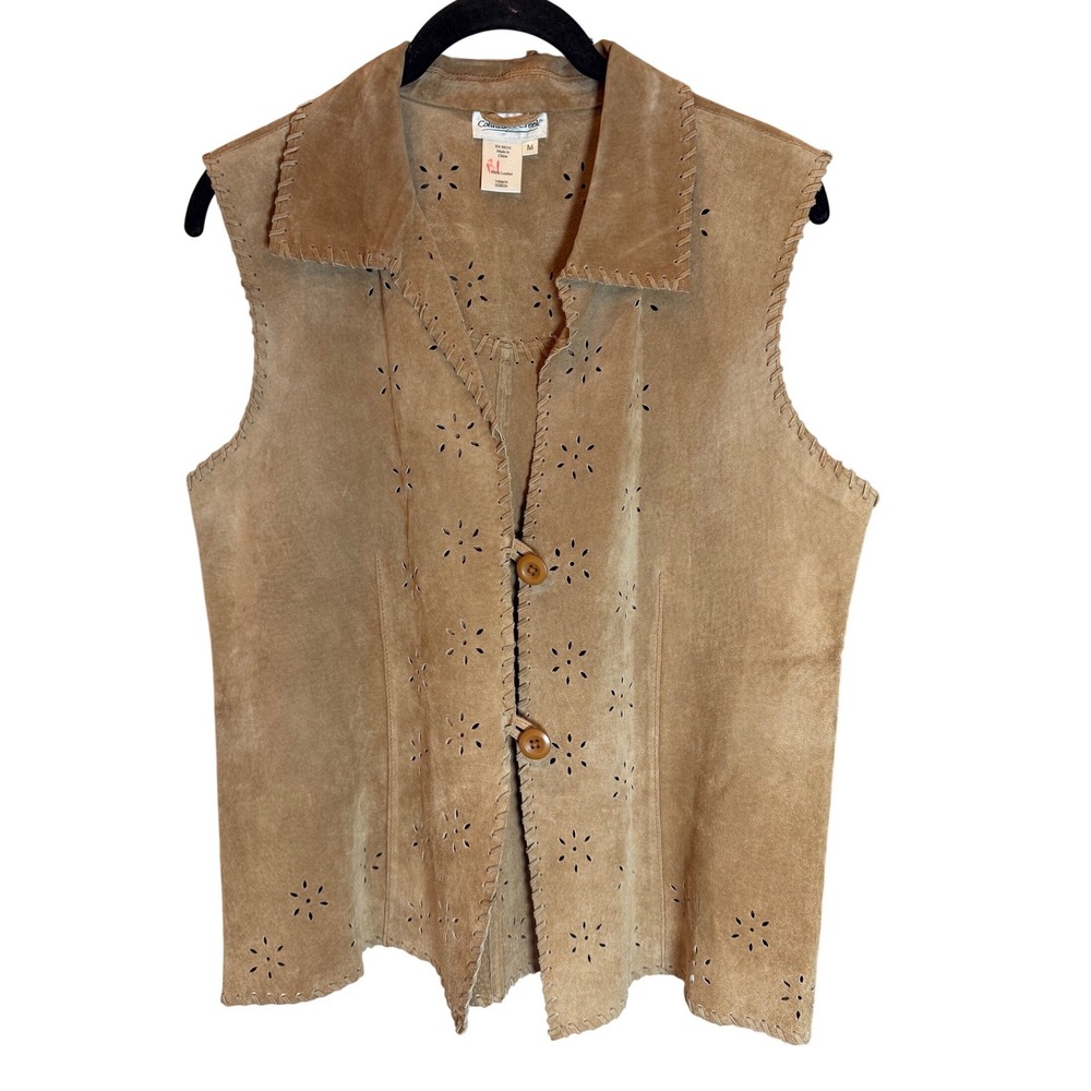 Coldwater Creek Womens Tan Suede Leather Vest Eyelet Whipstitch Western Boho M
